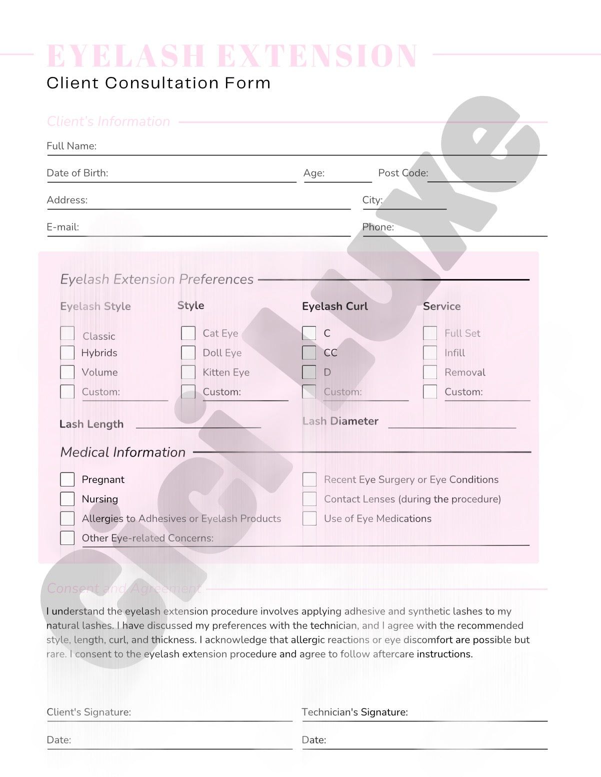 Eyelash Extensions Client Consultation Form- Pink, Tan, Grey