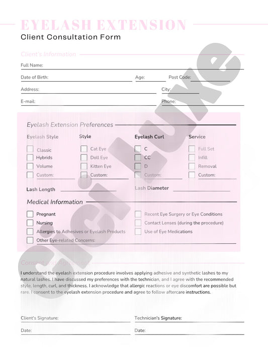 Eyelash Extensions Client Consultation Form- Pink, Tan, Grey