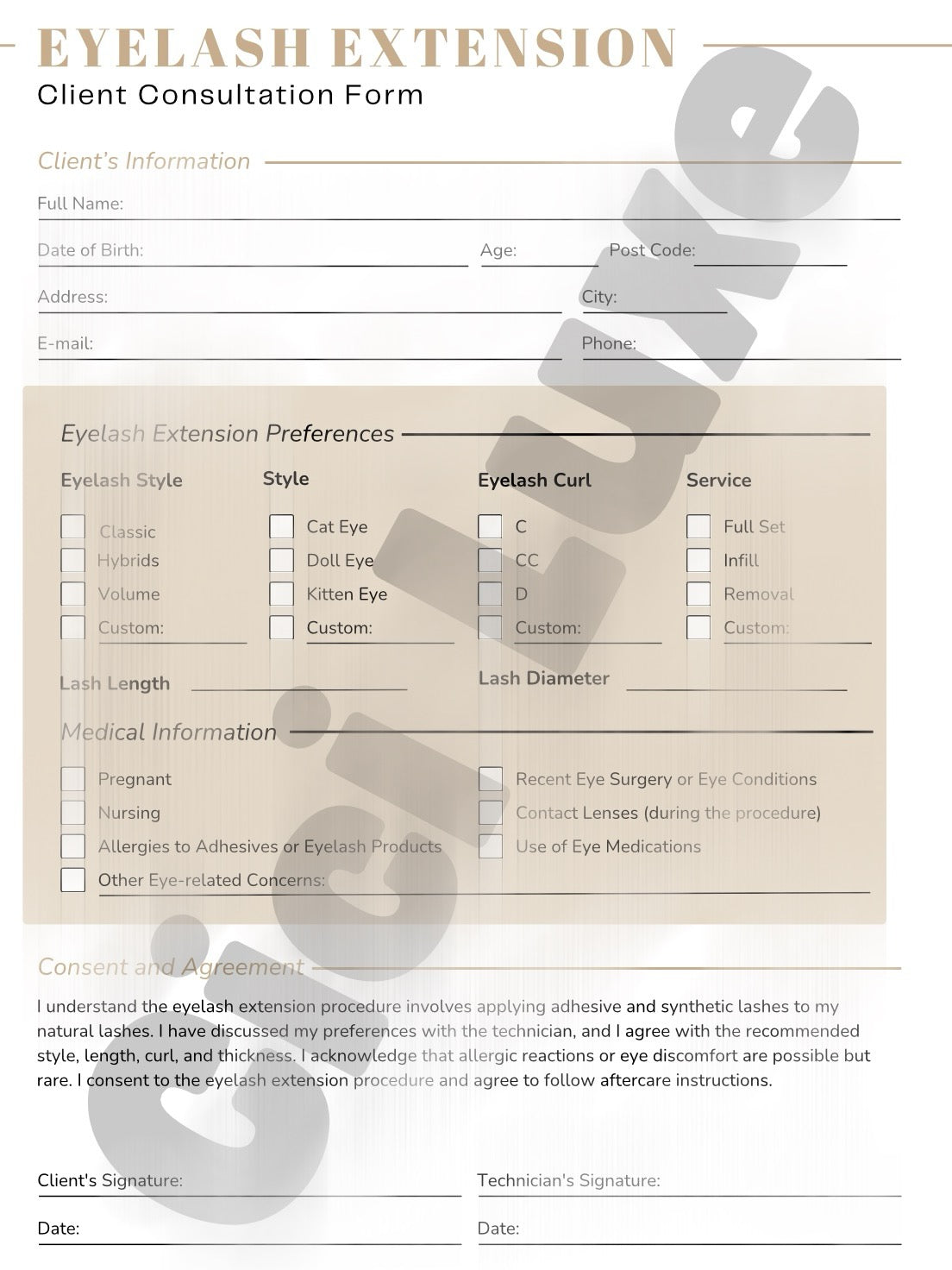 Eyelash Extensions Client Consultation Form- Pink, Tan, Grey