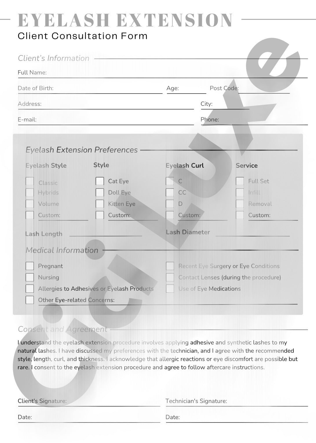 Eyelash Extensions Client Consultation Form- Pink, Tan, Grey